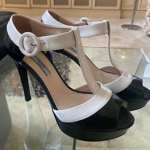 PRADA Leather Colorblock Pattern T-Strap Pumps
